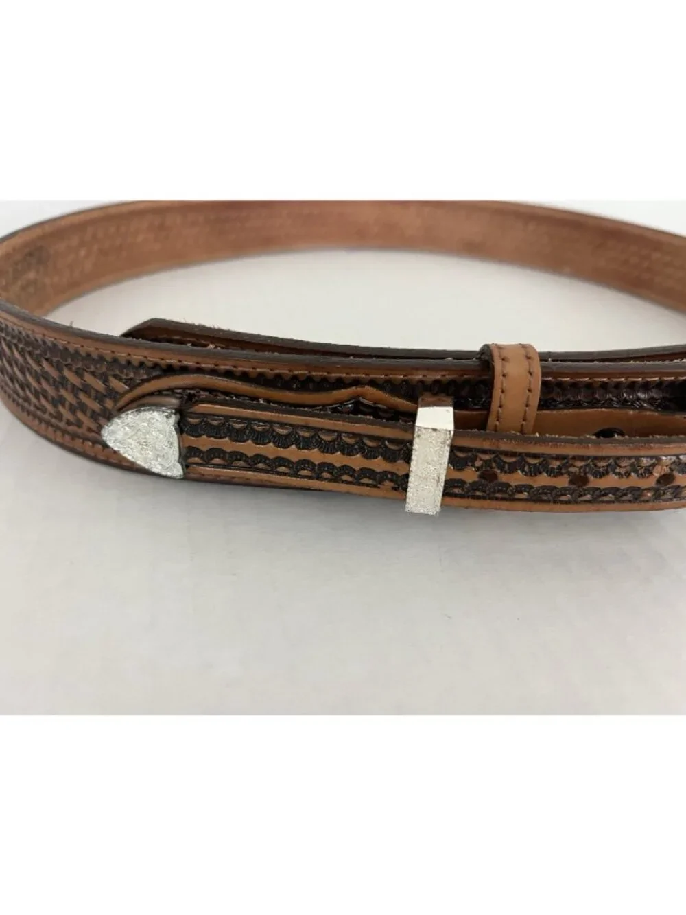 Nocona Western Leather Belt Tooled Braided Inlay 3pc Silver Tone Buckle 44